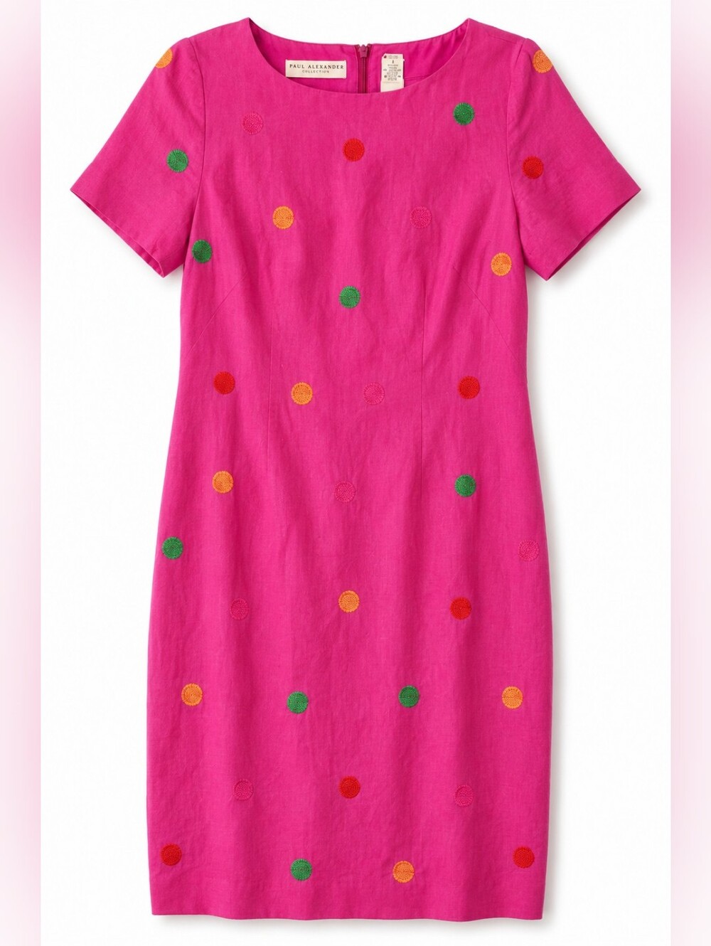 Paul Alexander Pink Linen Polka Dot Sheath Dress Embroidered Size 4 Vintage